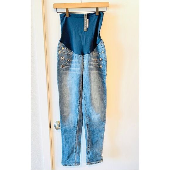 NWT BlankNYC Maternity Embellished Jewel Jeans in Medium Wash 26 - Picture 1 of 5
